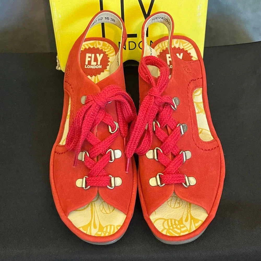 FLY LONDON Ylfa Red‎ Suede Lace Up Wedge Sandals Women Size 38